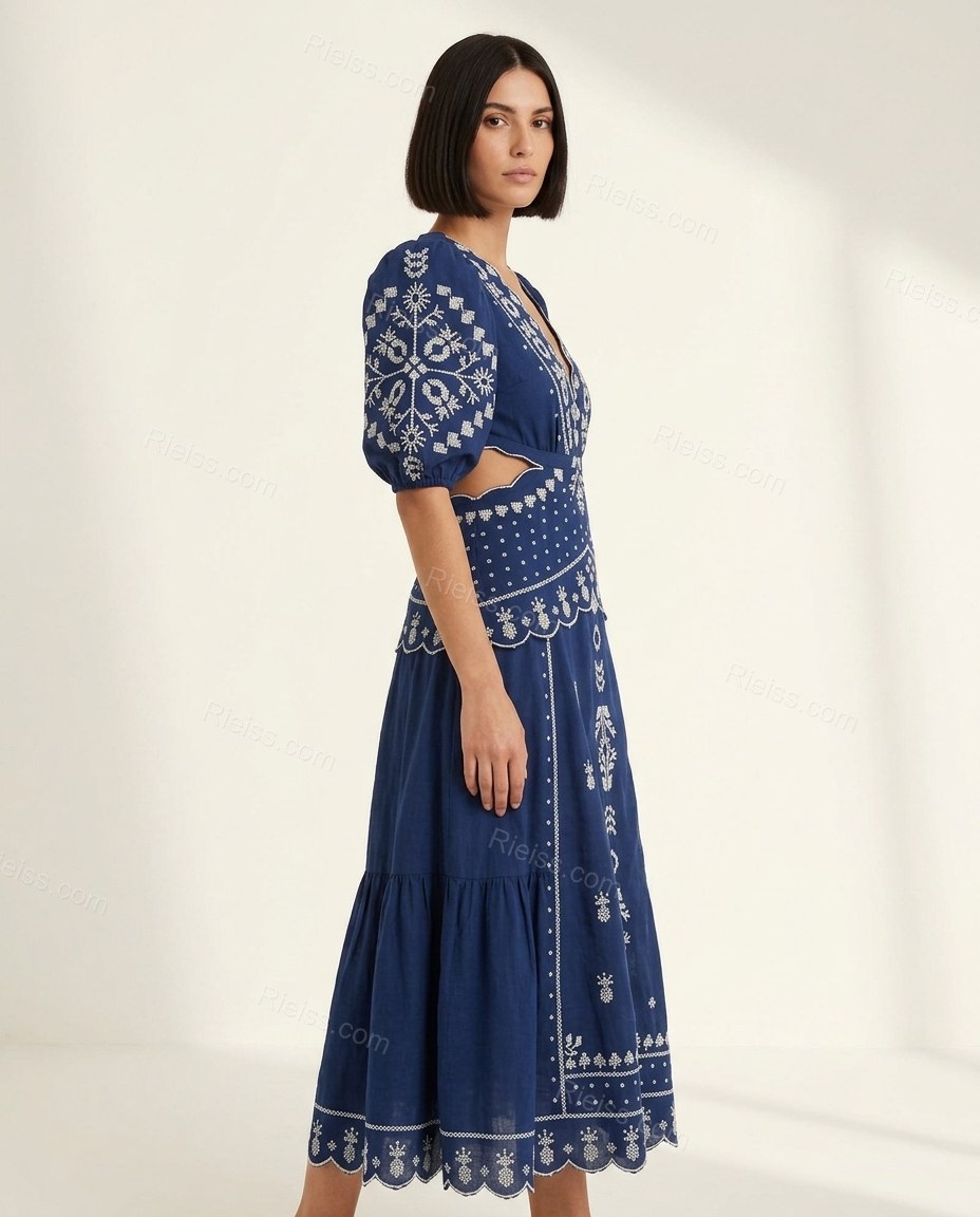 Blue Geometric Maxi Embroidered Dress, side and back studio view, by Rieiss