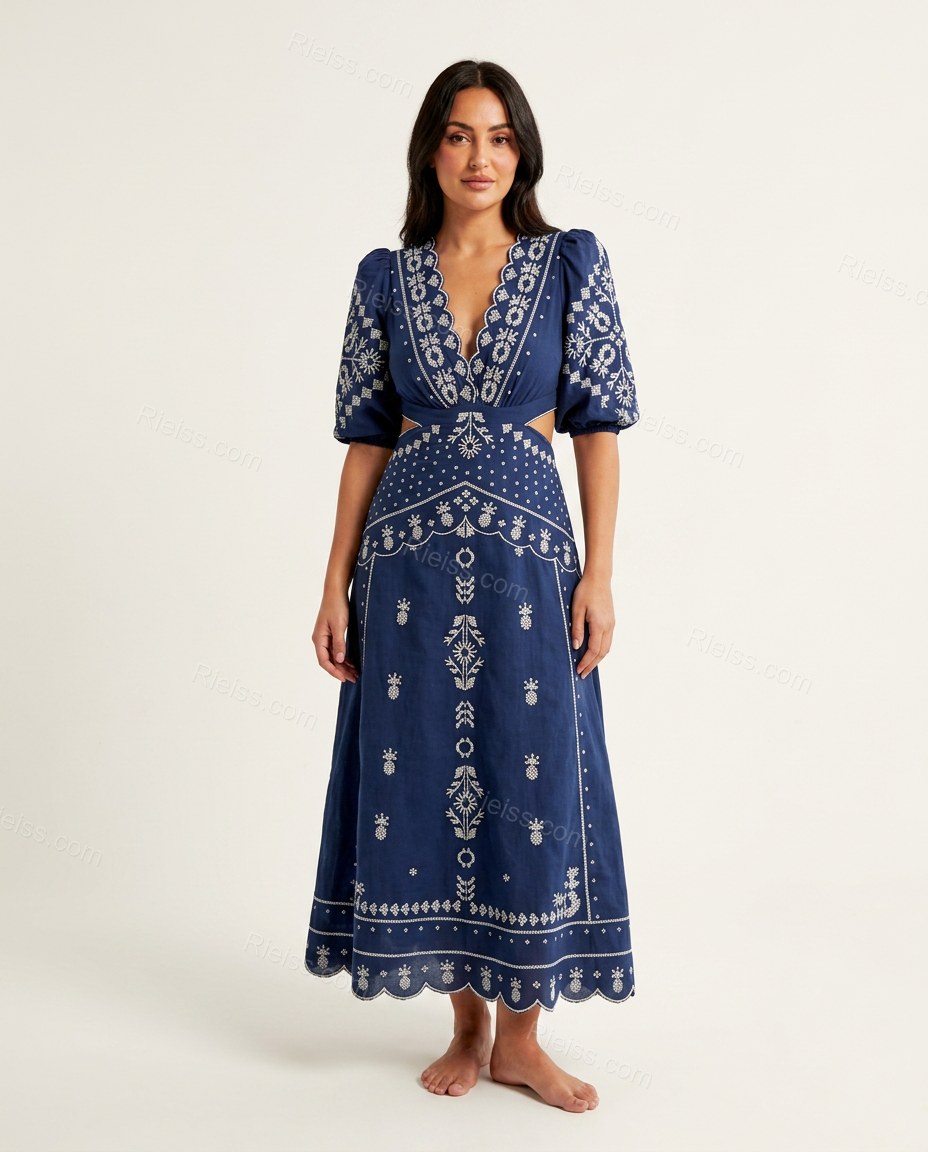 Blue Geometric Maxi Embroidered Dress, front studio view, by Rieiss