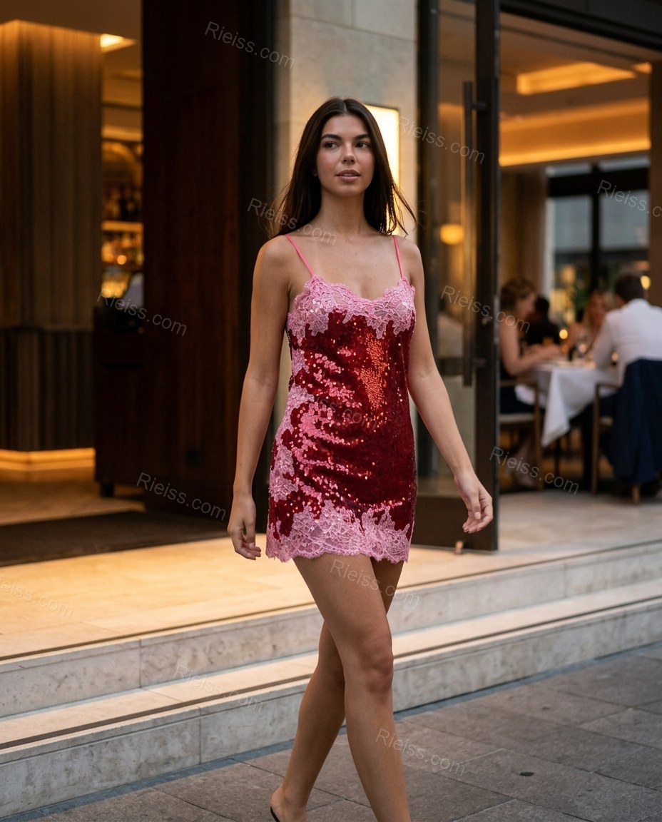 Red Mini Lace Dress, walking lifestyle view, by Rieiss