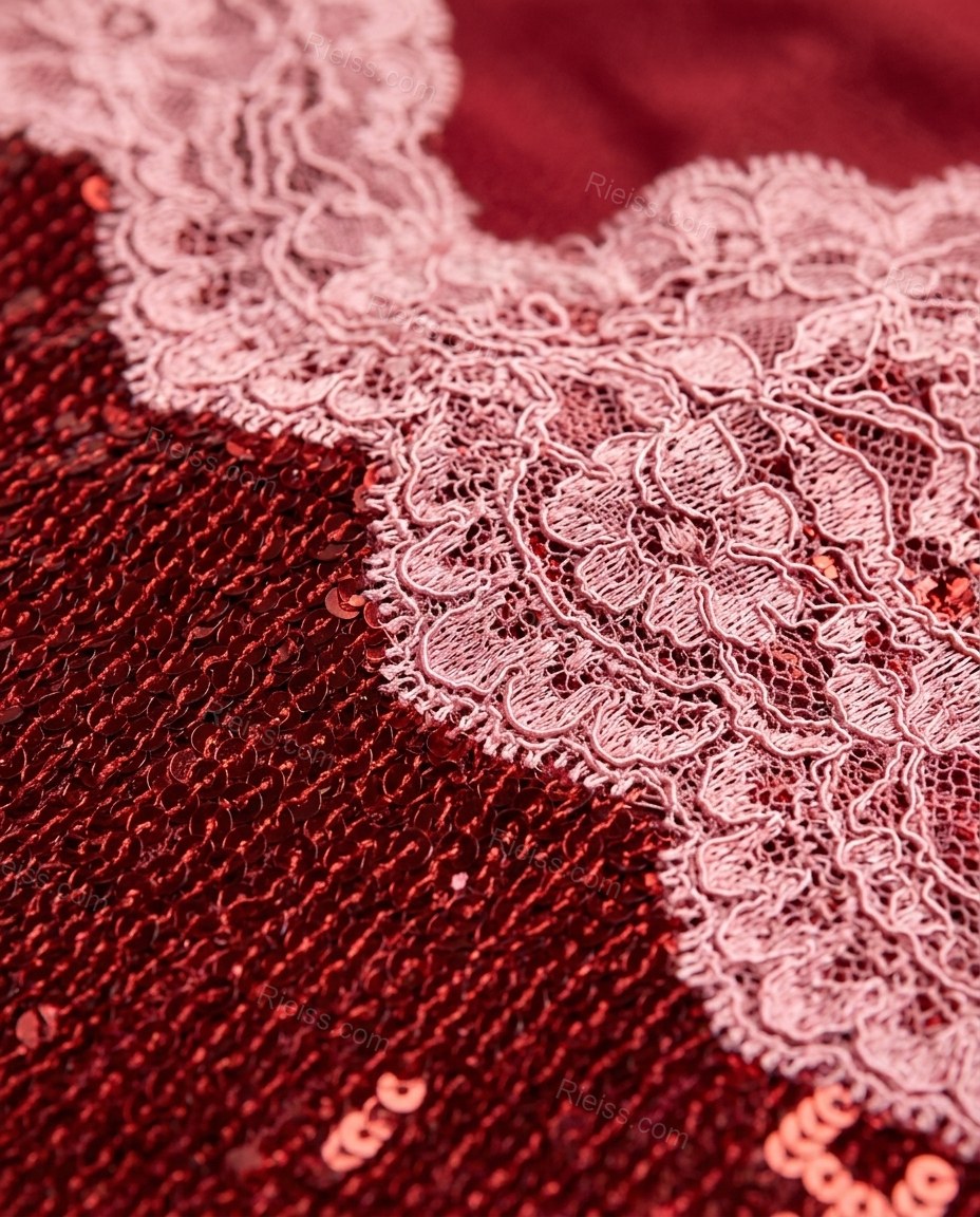 Red Mini Lace Dress, close-up of pink accents, lace trim and sequin embellishment, by Rieiss
