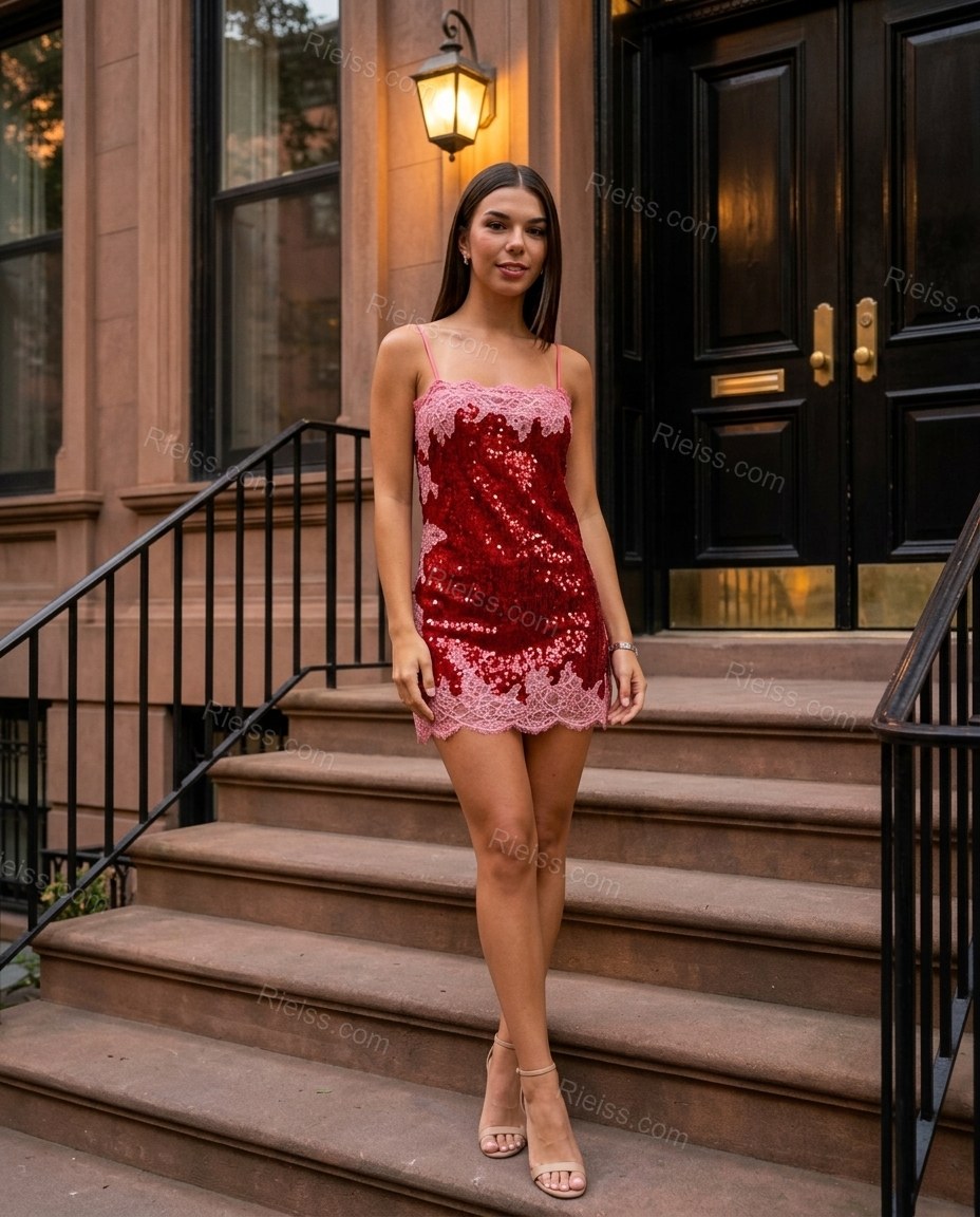 Red Mini Lace Dress, three-quarter brand lifestyle view, by Rieiss