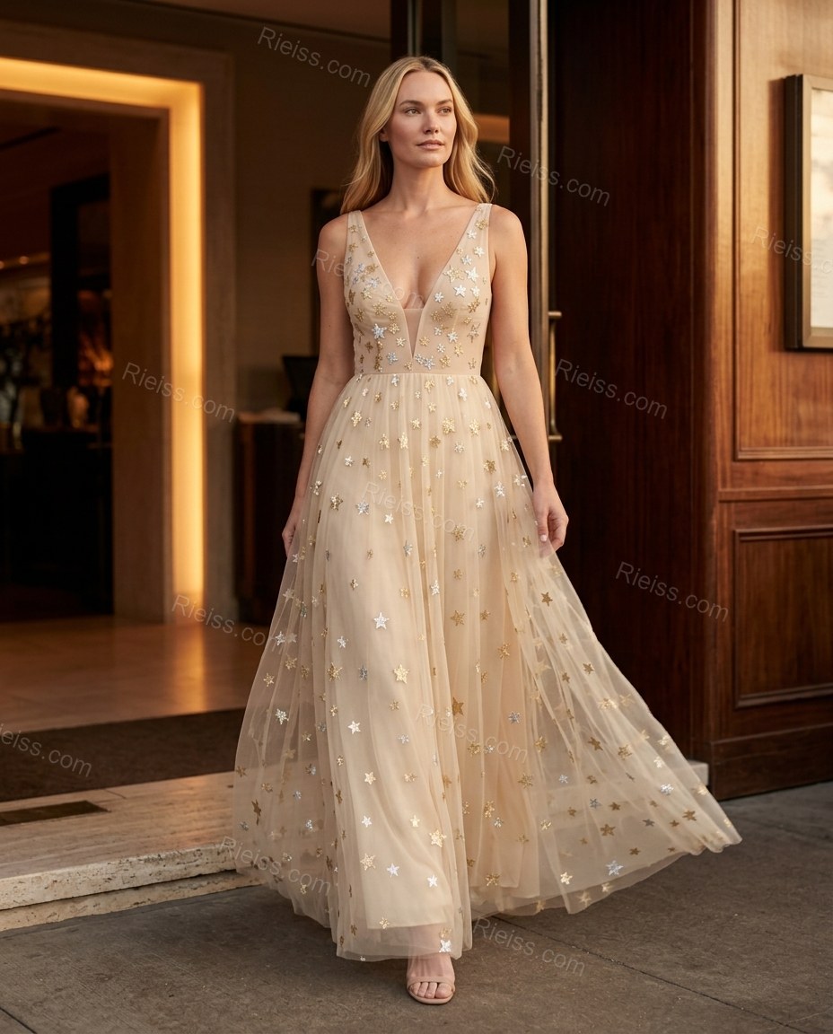 Beige Maxi Dress, movement and fit lifestyle view, by Rieiss