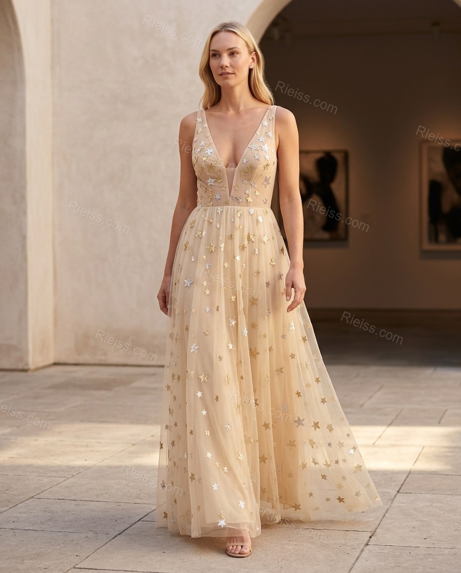 Beige Maxi Dress, three-quarter brand lifestyle view, by Rieiss