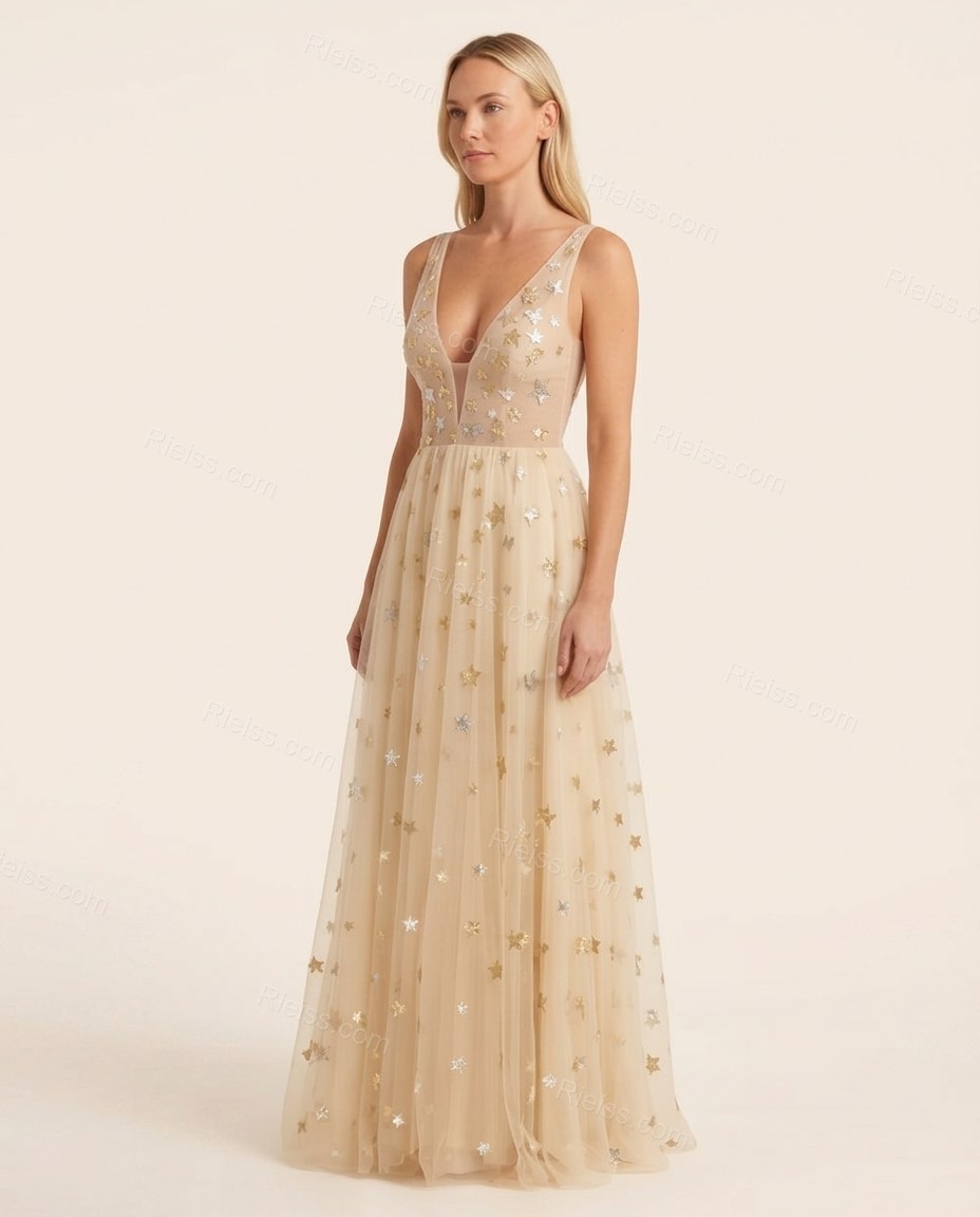 Beige Maxi Dress, side and back studio view, by Rieiss