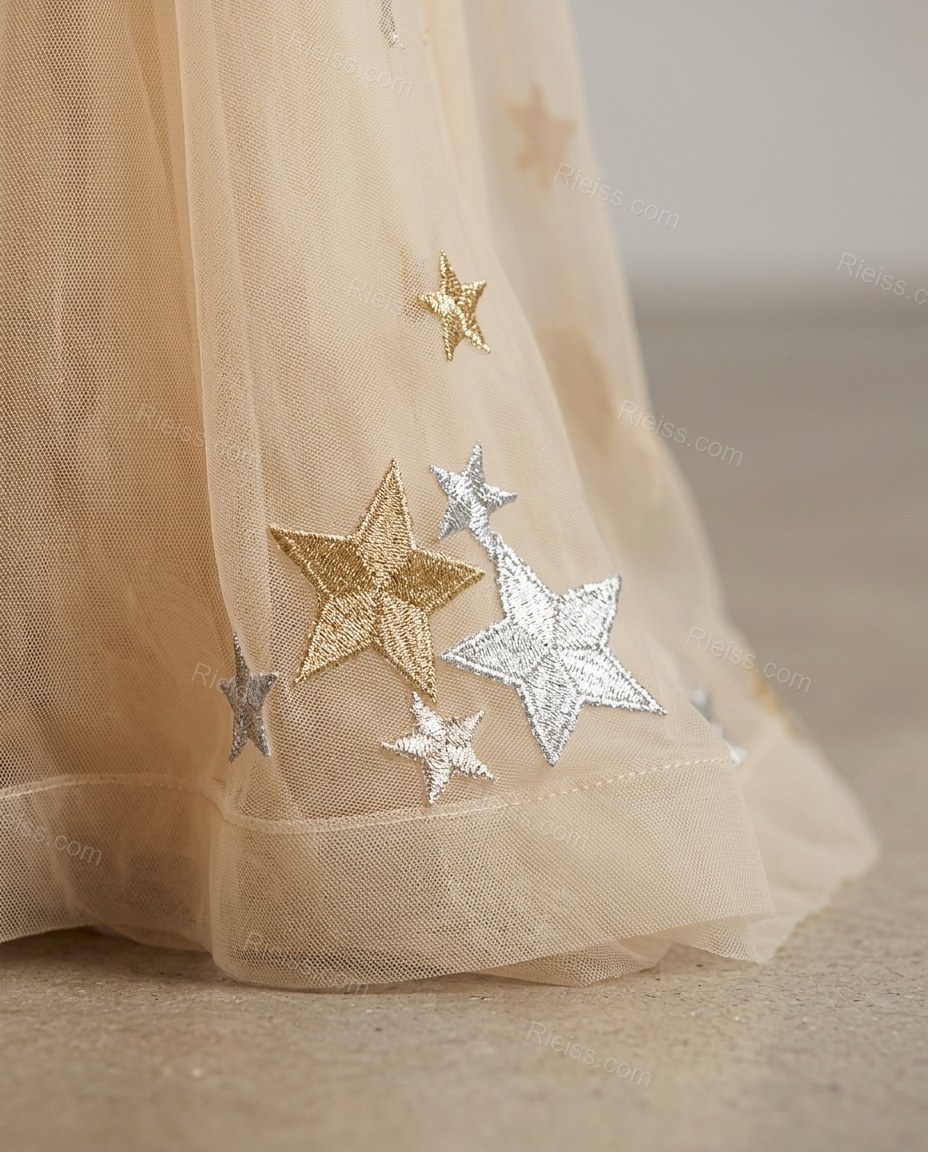Beige Maxi Dress, close-up of gold and silver accents, illusion plunge neckline and star-shaped sequins, by Rieiss