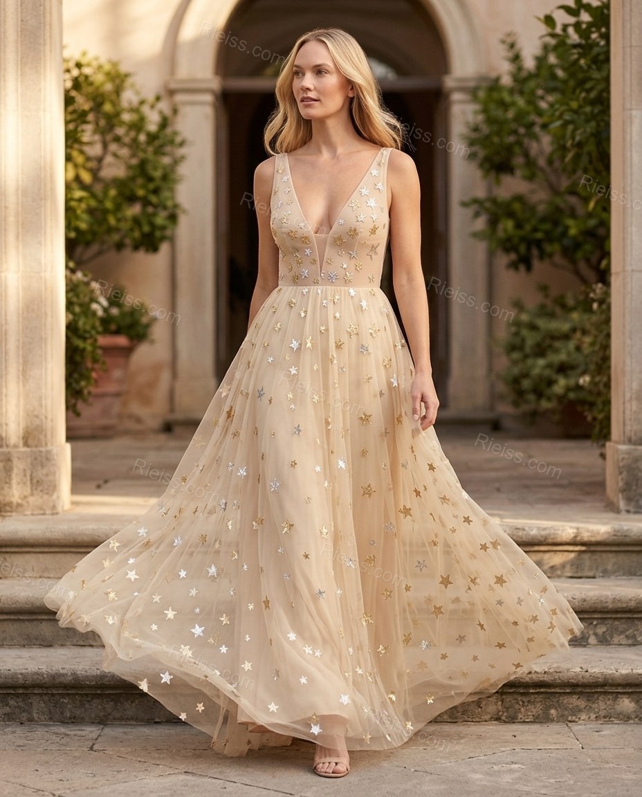 Beige Maxi Dress, walking lifestyle view, by Rieiss