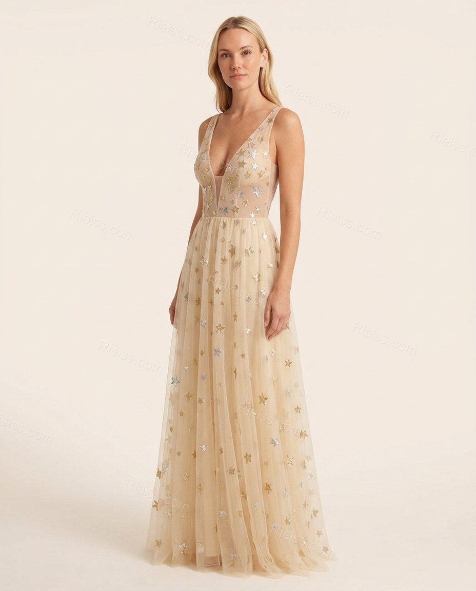 Beige Maxi Dress, front studio view, by Rieiss
