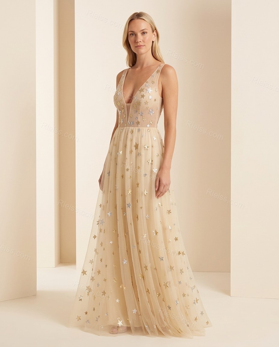 Beige Maxi Dress, full-length hero view, by Rieiss