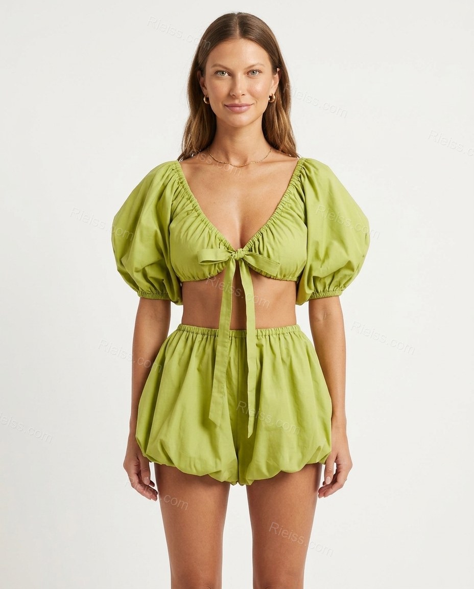Green Cotton Top & Shorts Set, front studio view, by Rieiss