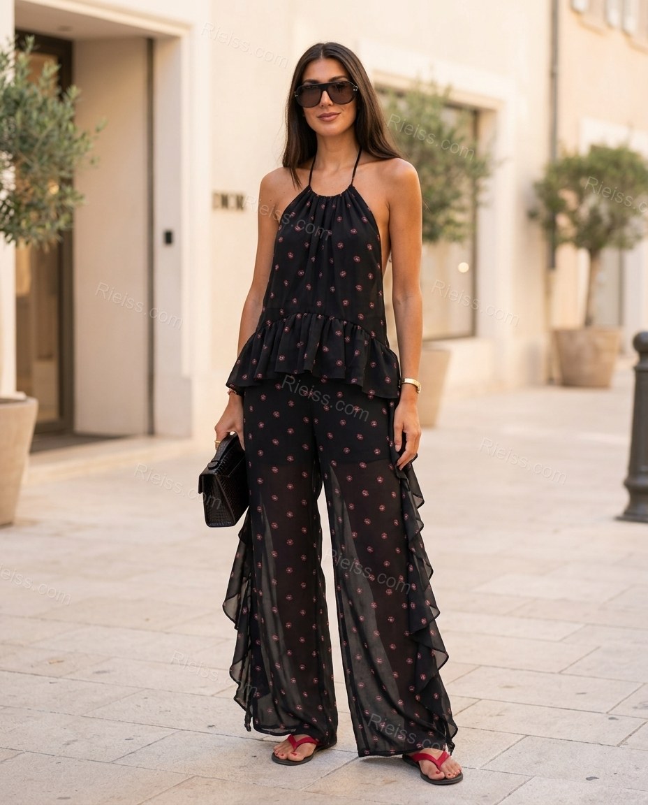 Black Polka Dot Open-Back Halter Jumpsuit, full-length hero view, by Rieiss