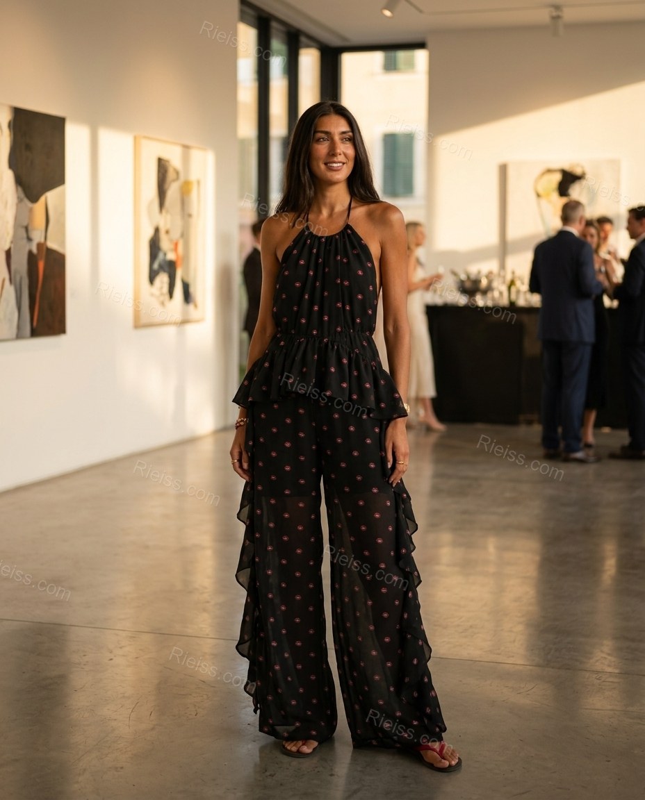 Black Polka Dot Open-Back Halter Jumpsuit, alternate use-case lifestyle view, by Rieiss
