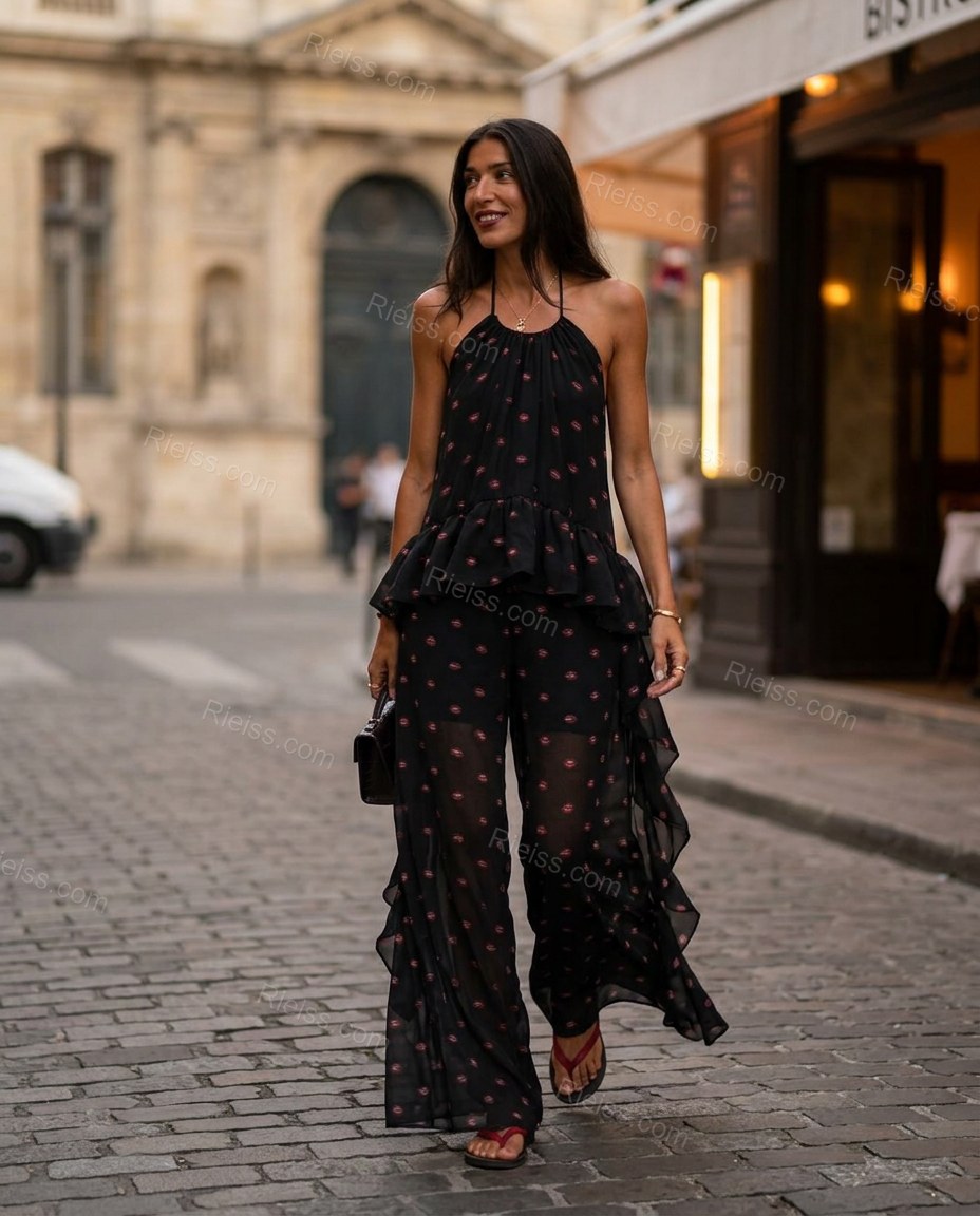 Black Polka Dot Open-Back Halter Jumpsuit, movement and fit lifestyle view, by Rieiss
