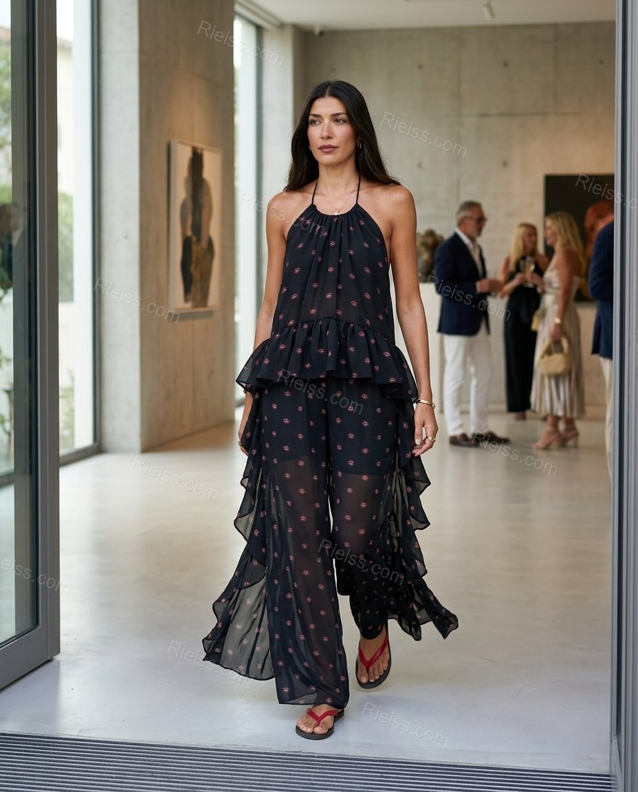 Black Polka Dot Open-Back Halter Jumpsuit, walking lifestyle view, by Rieiss