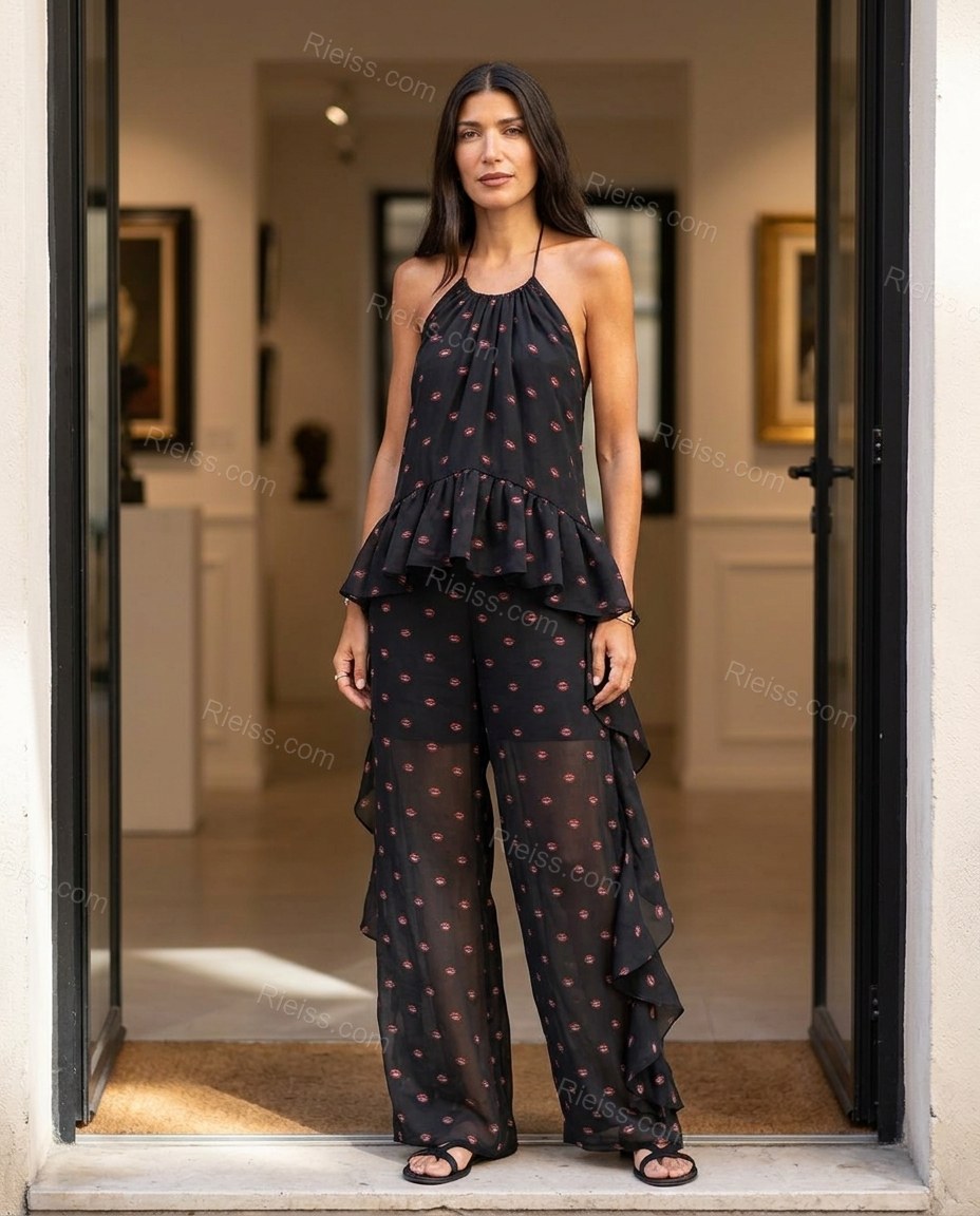 Black Polka Dot Open-Back Halter Jumpsuit, three-quarter brand lifestyle view, by Rieiss