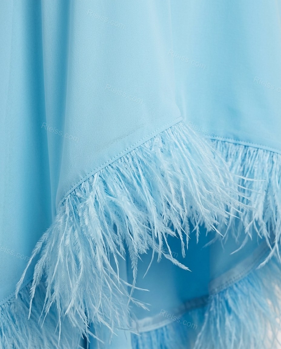 Light Blue Mini Halter High-Low Dress, close-up of feather trim, high-low hem and halter neck, by Rieiss