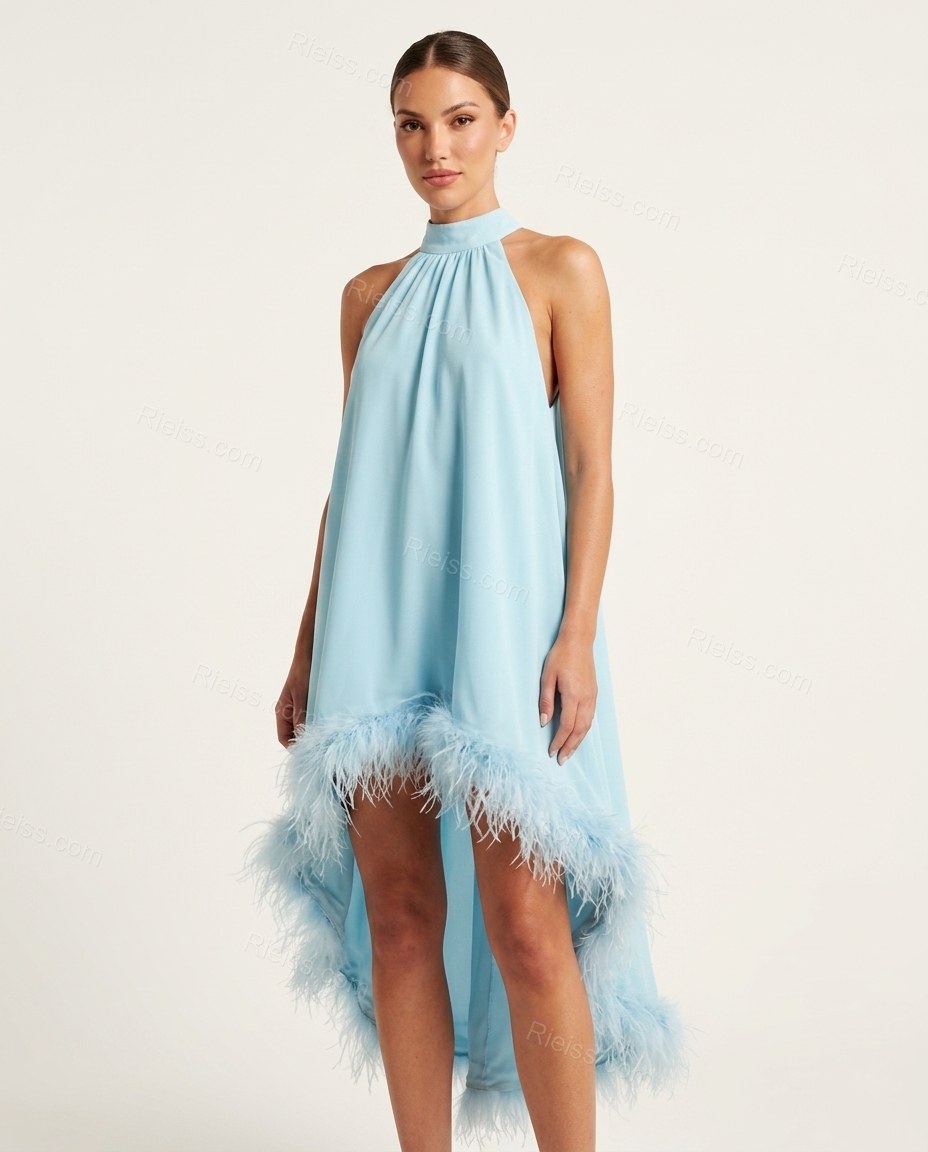Light Blue Mini Halter High-Low Dress, front studio view, by Rieiss