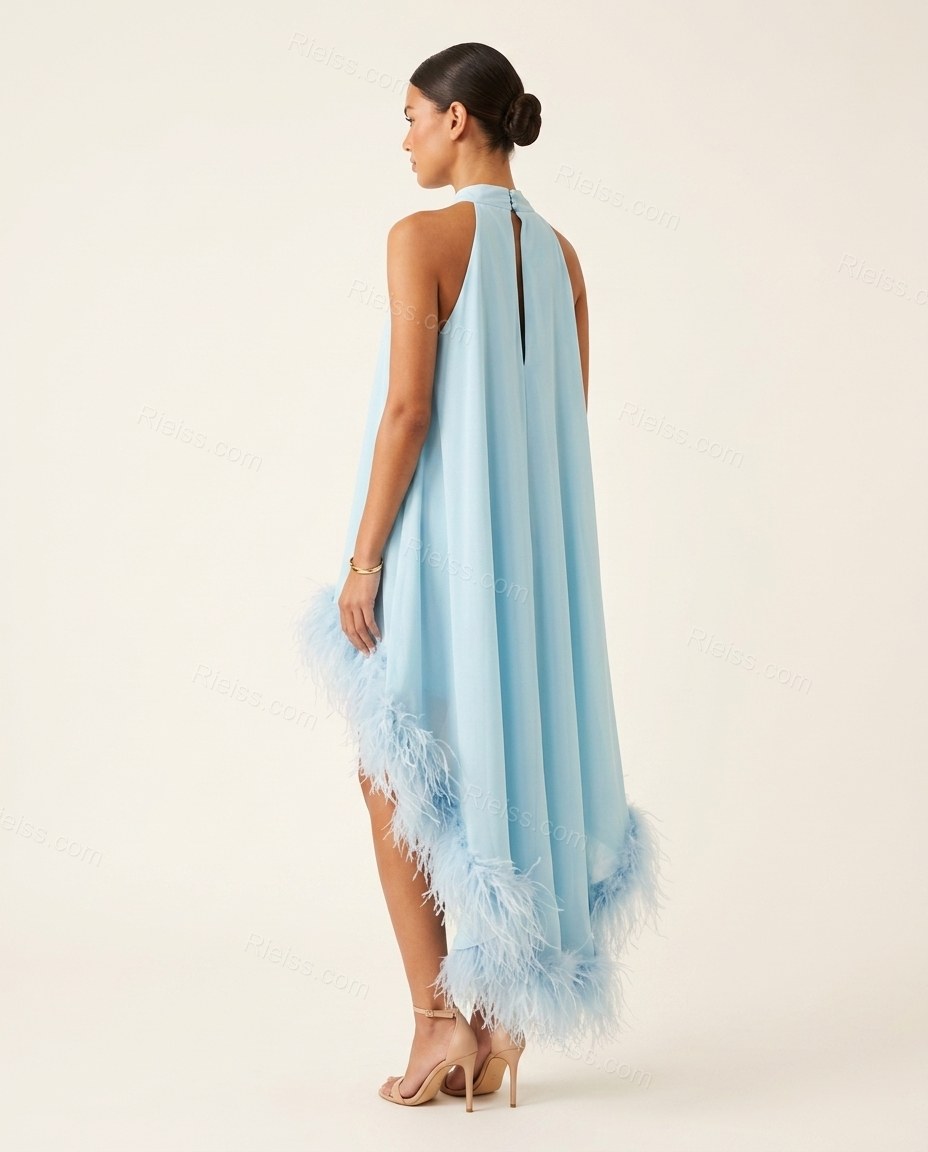 Light Blue Mini Halter High-Low Dress, back studio view showing keyhole back opening with a high halter neck closure, by Rieiss