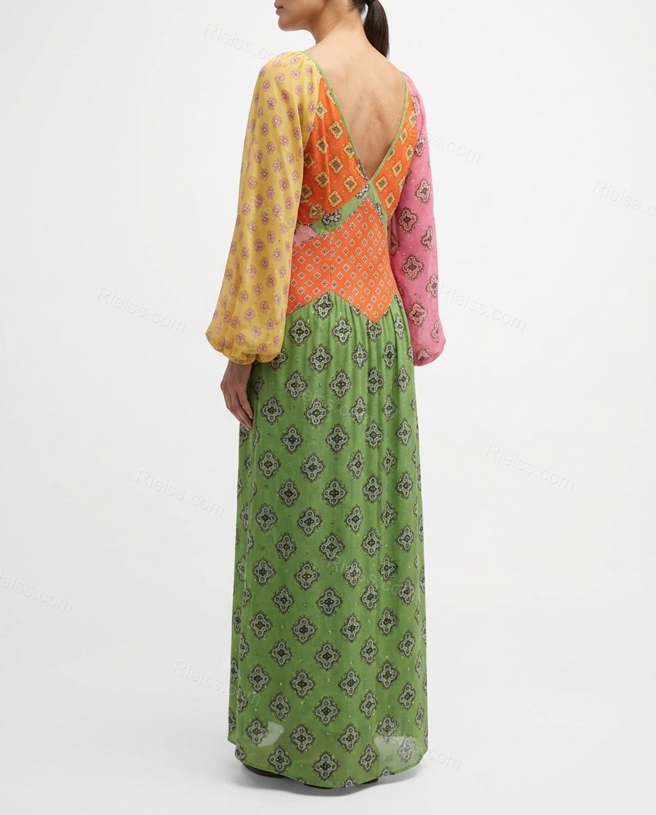 Green Geometric Maxi Dress, back studio view showing v-neck back opening with patchwork color-blocking, by Rieiss