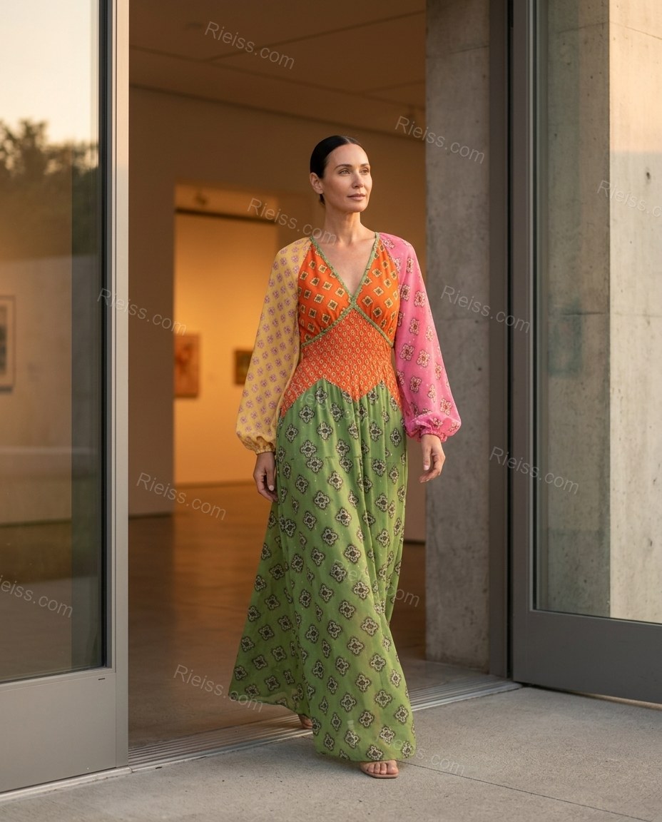 Green Geometric Maxi Dress, alternate use-case lifestyle view, by Rieiss