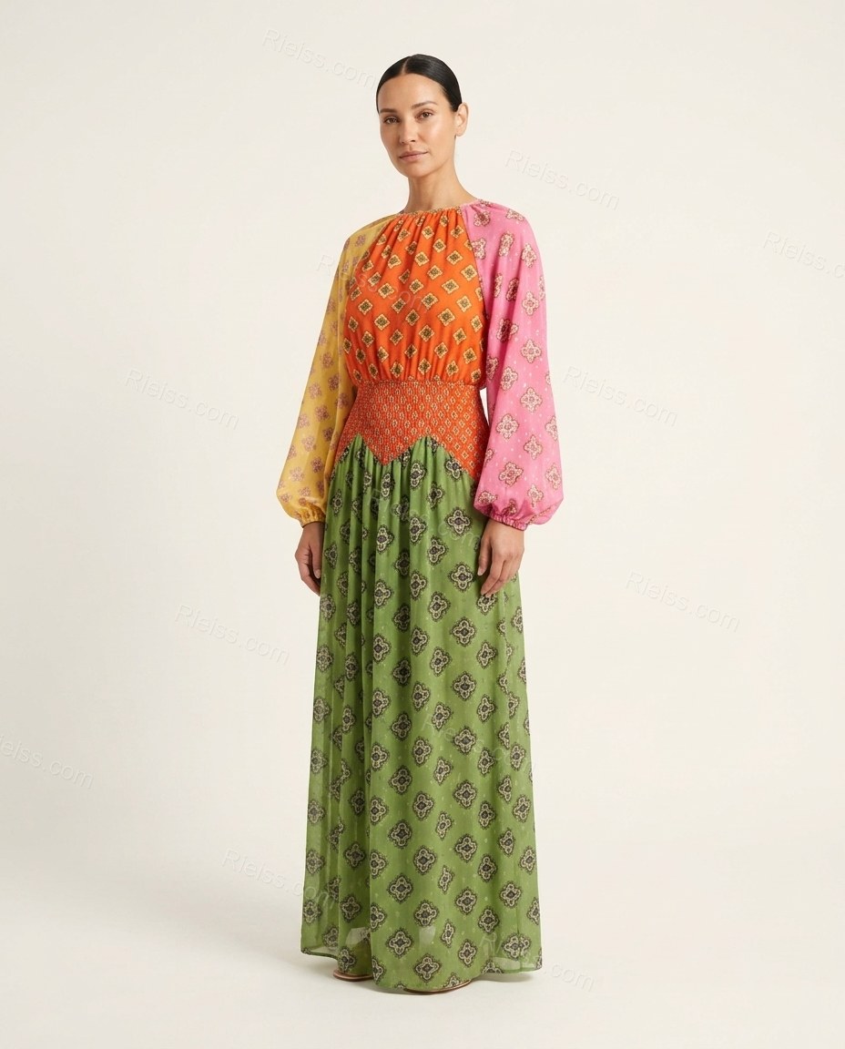 Green Geometric Maxi Dress, front studio view, by Rieiss