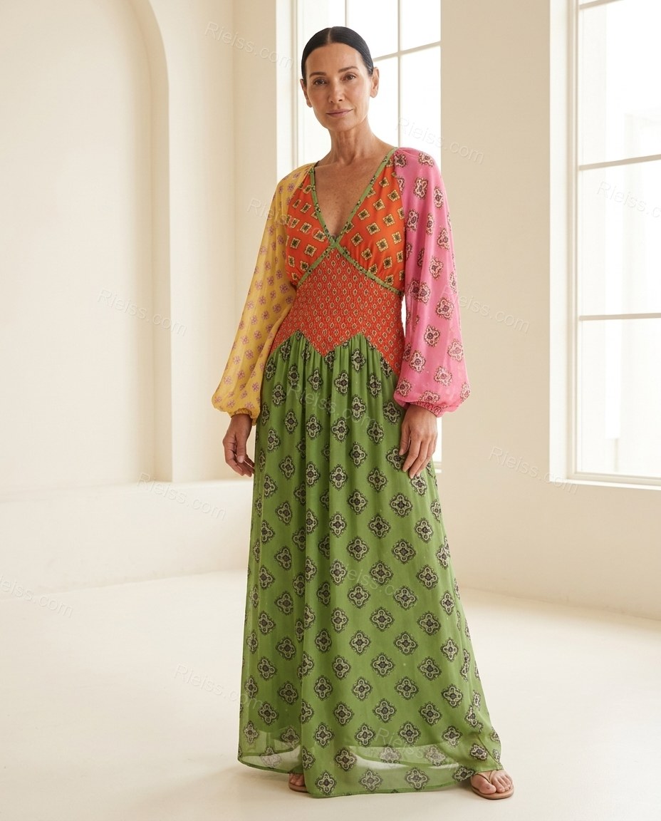 Green Geometric Maxi Dress, full-length hero view, by Rieiss