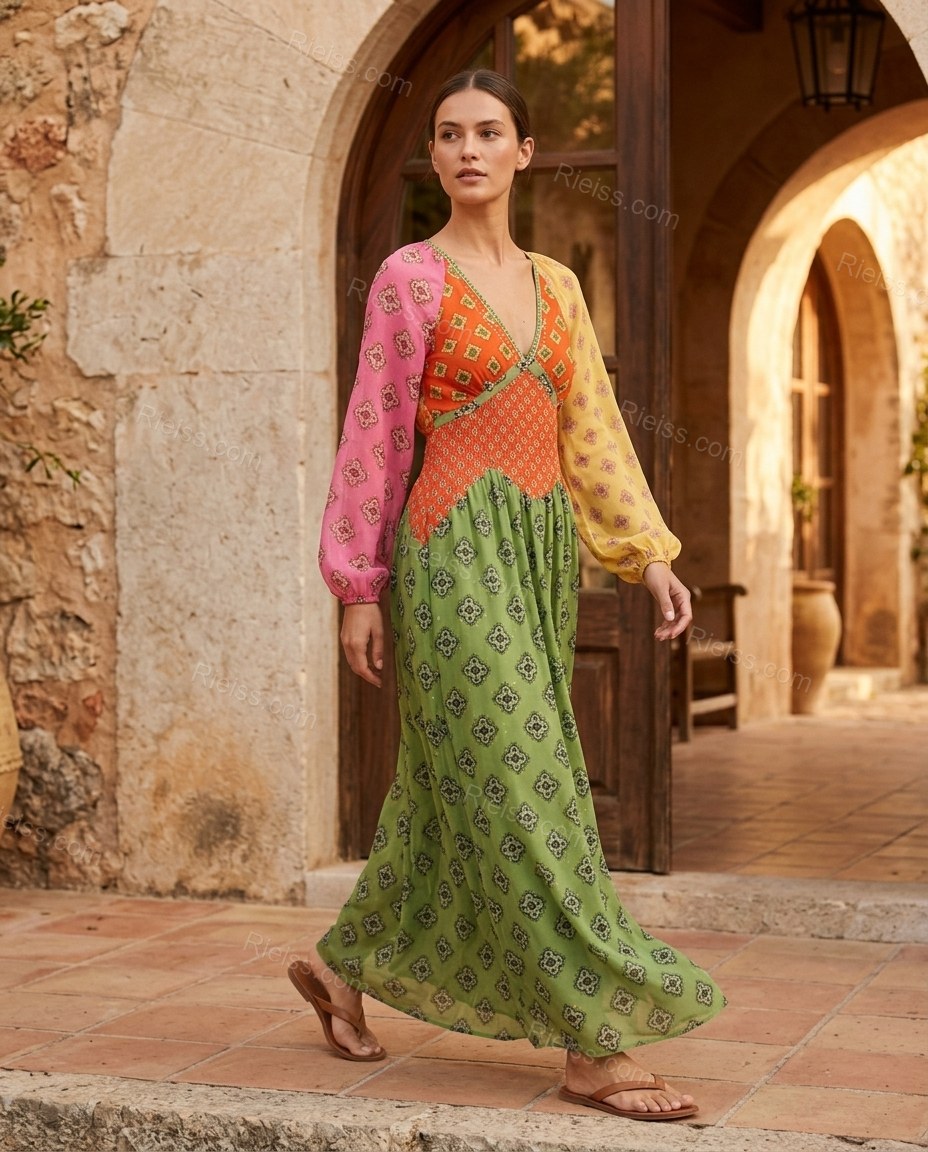Green Geometric Maxi Dress, movement and fit lifestyle view, by Rieiss
