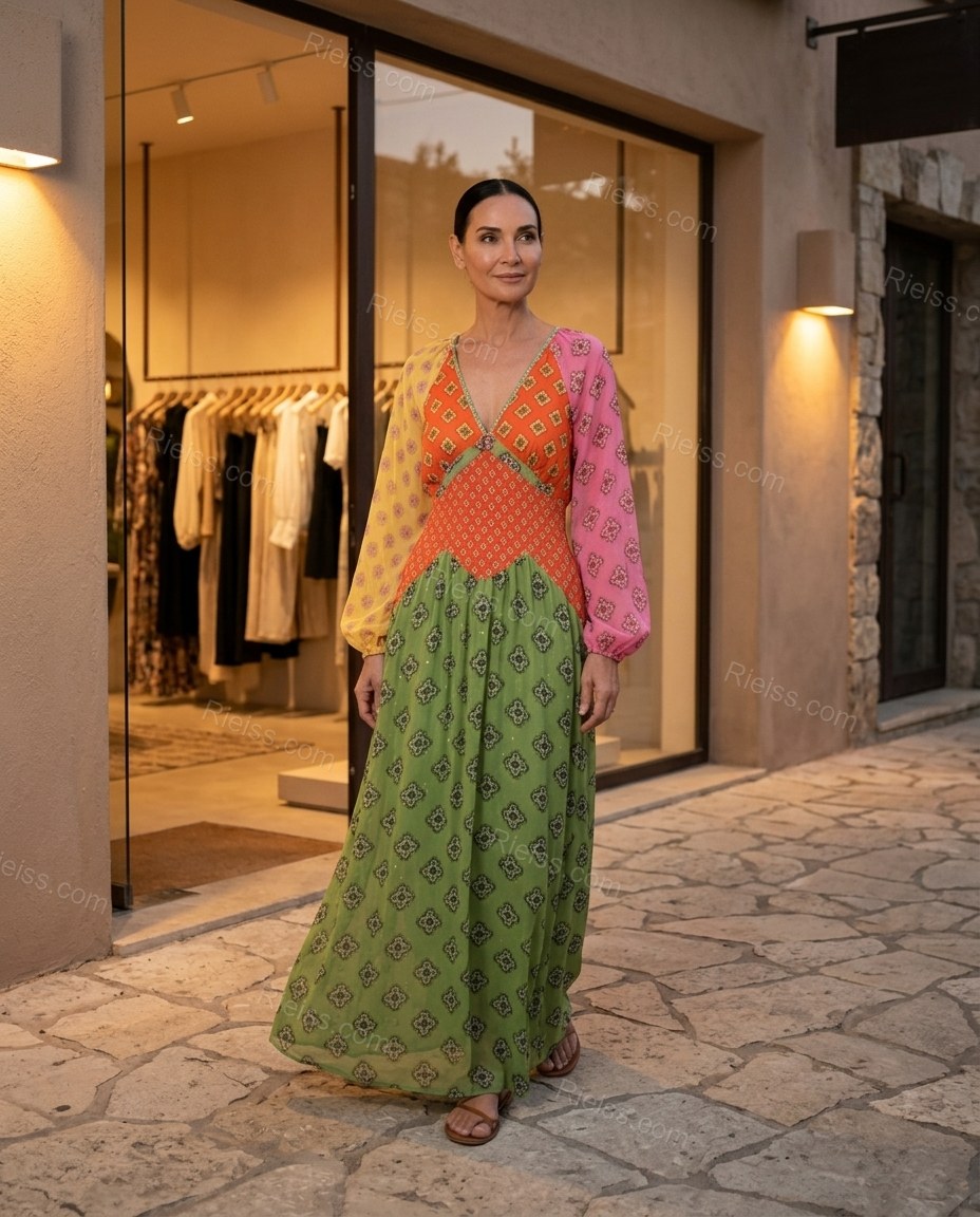 Green Geometric Maxi Dress, three-quarter brand lifestyle view, by Rieiss