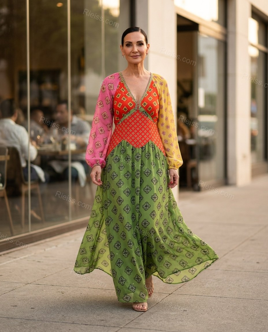 Green Geometric Maxi Dress, walking lifestyle view, by Rieiss
