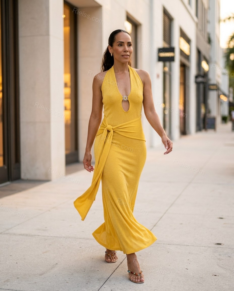 Yellow Maxi Halter Knit Dress, walking lifestyle view, by Rieiss