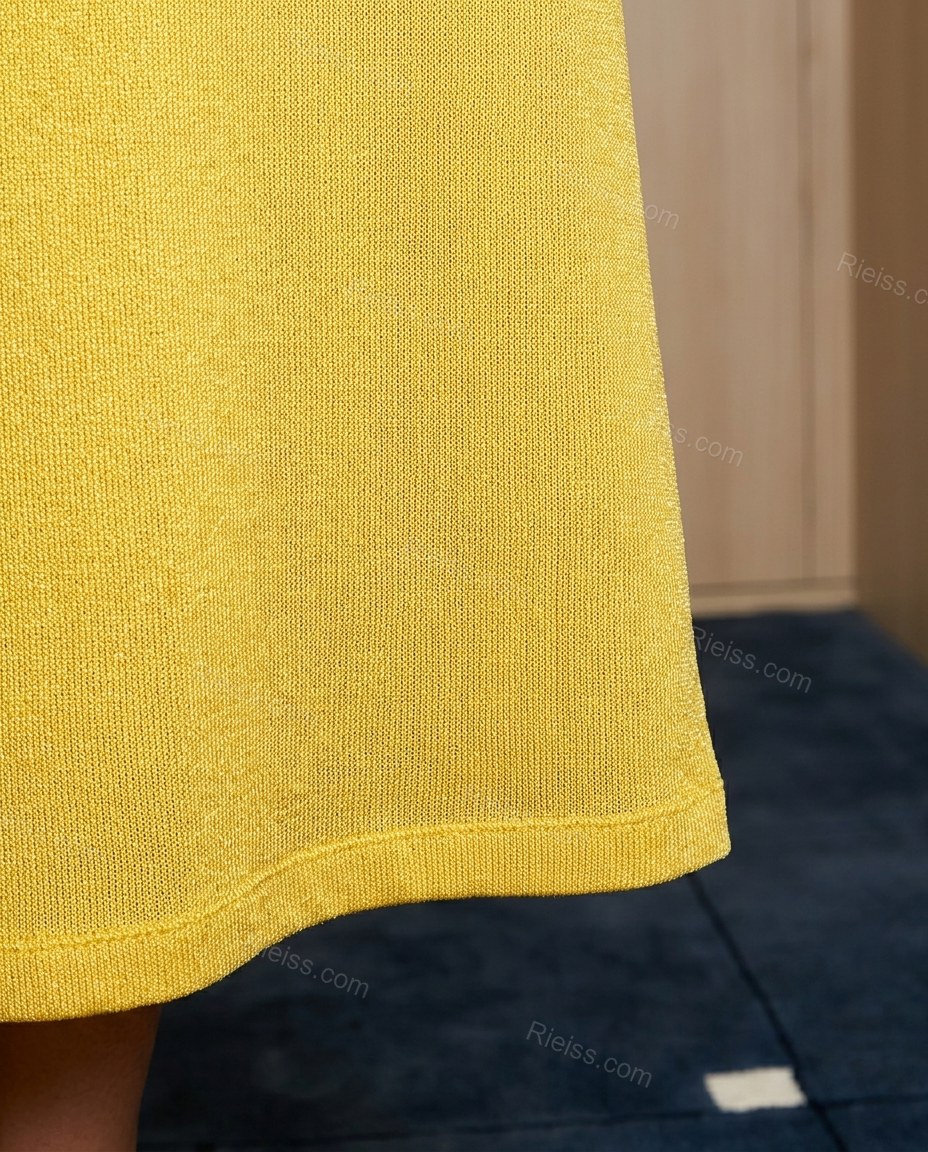 Yellow Maxi Halter Knit Dress, close-up of keyhole cutout, waist tie and sun-shaped chest embellishment, by Rieiss