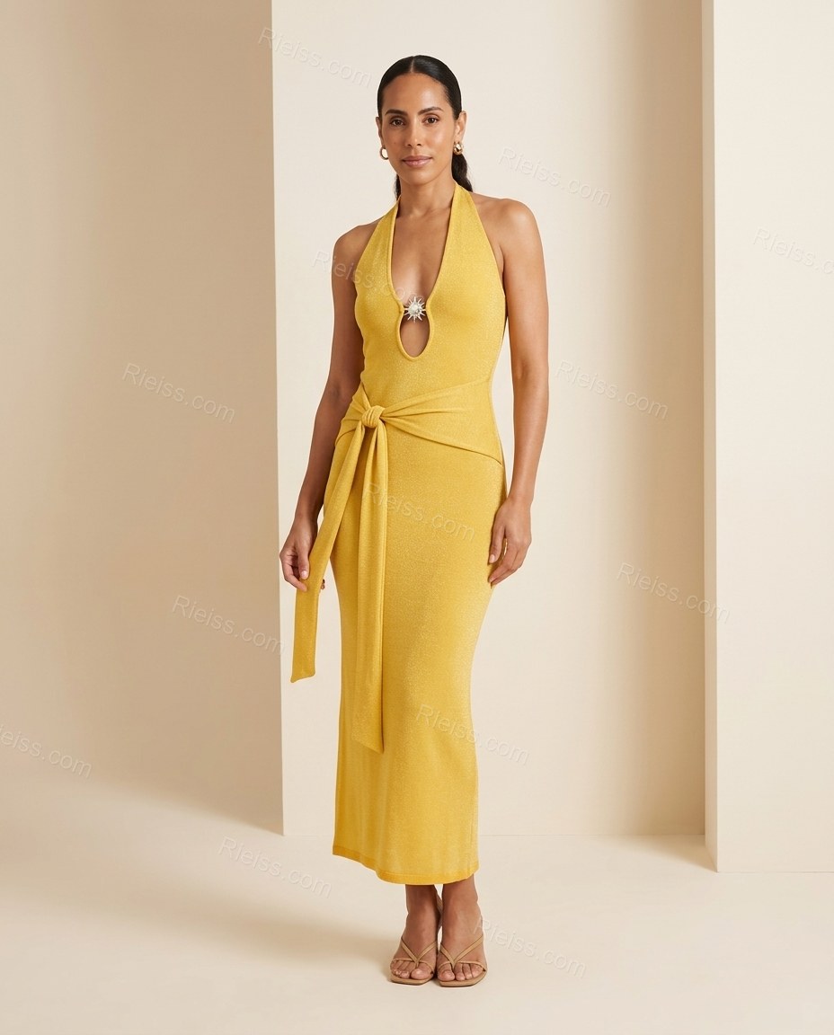 Yellow Maxi Halter Knit Dress, full-length hero view, by Rieiss