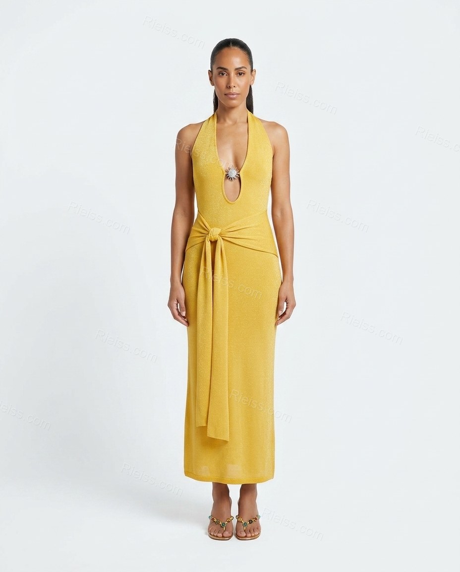 Yellow Maxi Halter Knit Dress, front studio view, by Rieiss