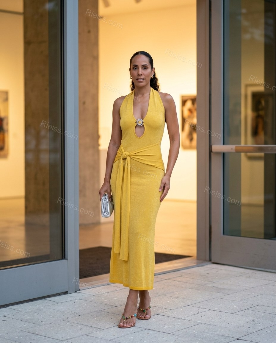 Yellow Maxi Halter Knit Dress, alternate use-case lifestyle view, by Rieiss