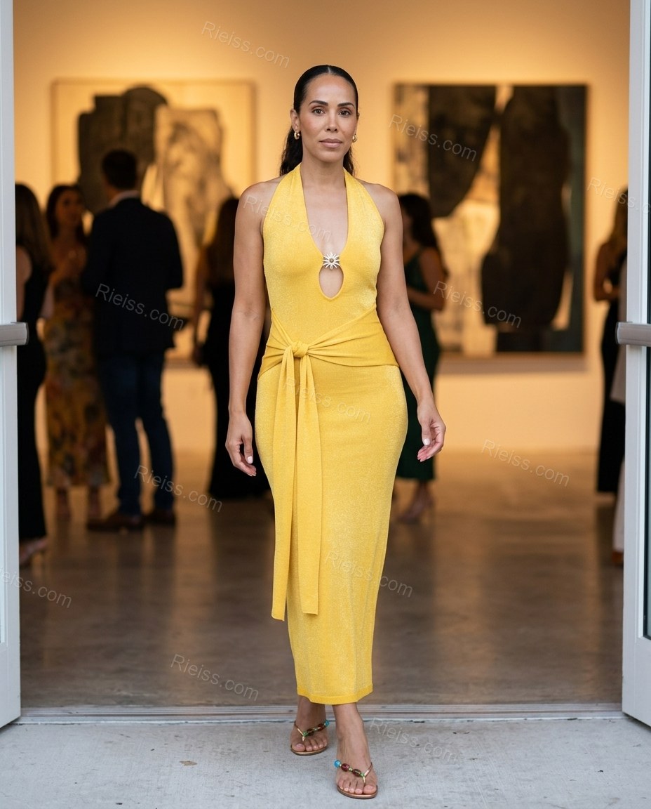Yellow Maxi Halter Knit Dress, three-quarter brand lifestyle view, by Rieiss