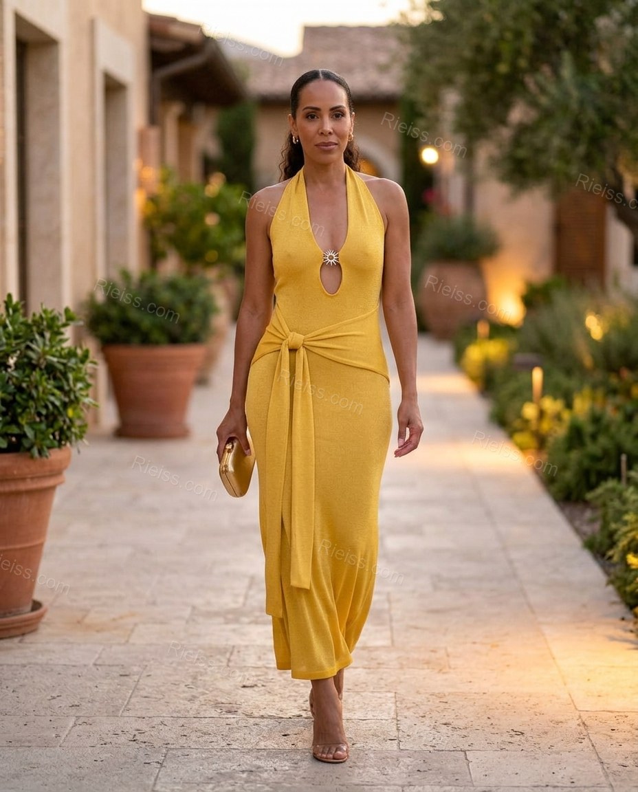 Yellow Maxi Halter Knit Dress, movement and fit lifestyle view, by Rieiss