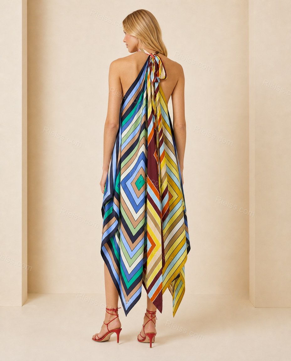 Multi-Color Chevron Open-Back Halter Dress, side and back studio view showing open back with halter tie closure, by Rieiss