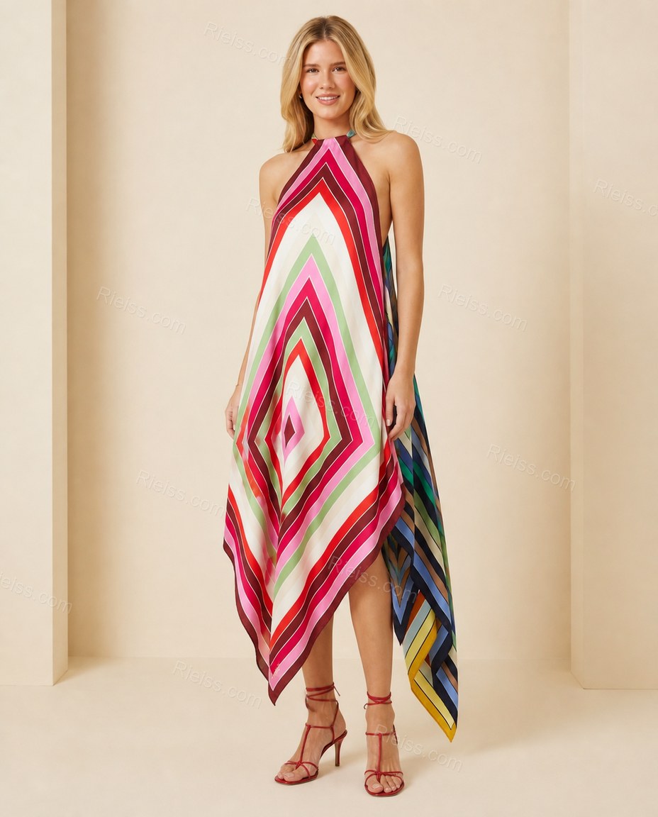 Multi-Color Chevron Open-Back Halter Dress, full-length hero view, by Rieiss