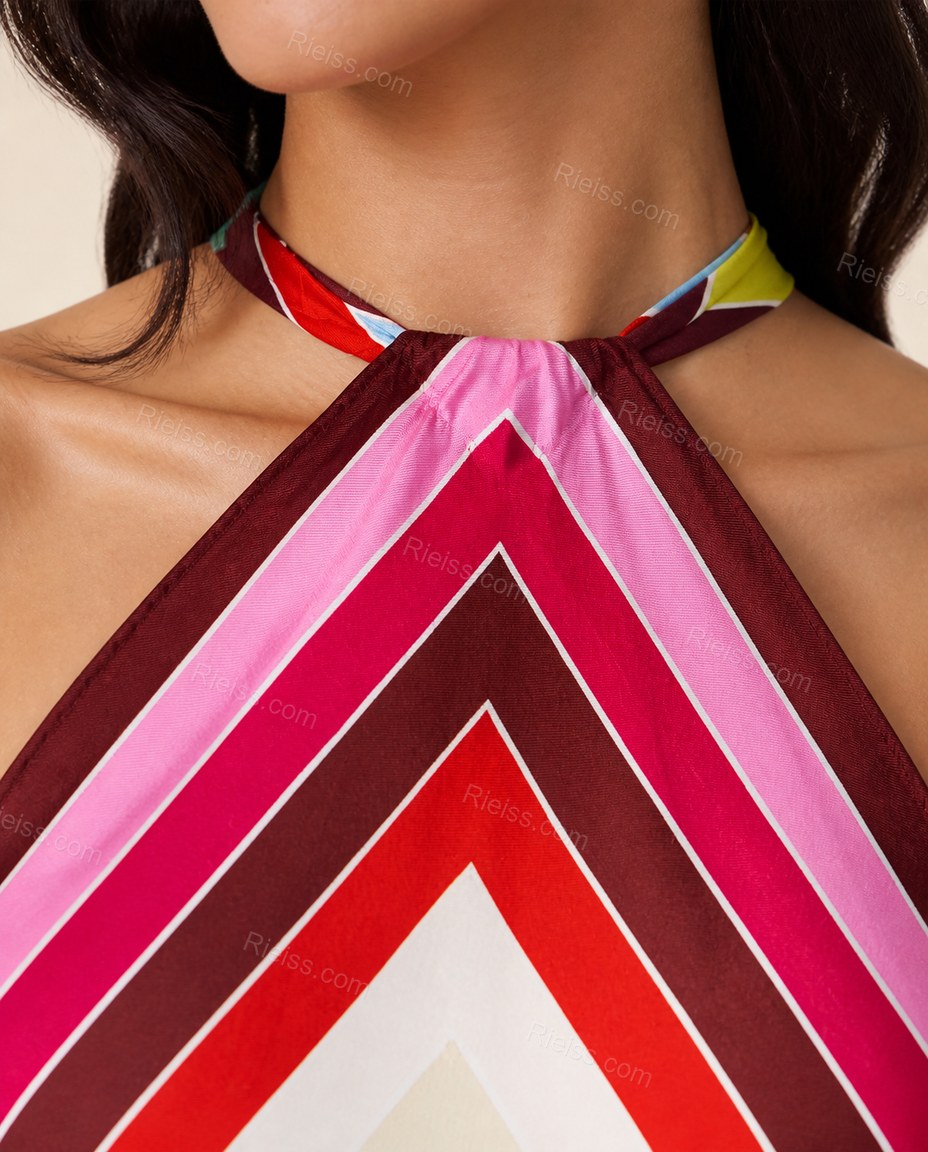 Multi-Color Chevron Open-Back Halter Dress, close-up of chevron, by Rieiss