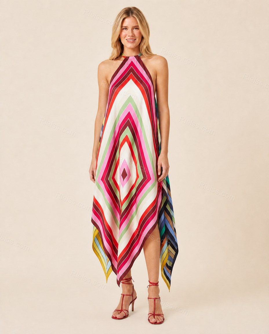Multi-Color Chevron Open-Back Halter Dress, front studio view, by Rieiss