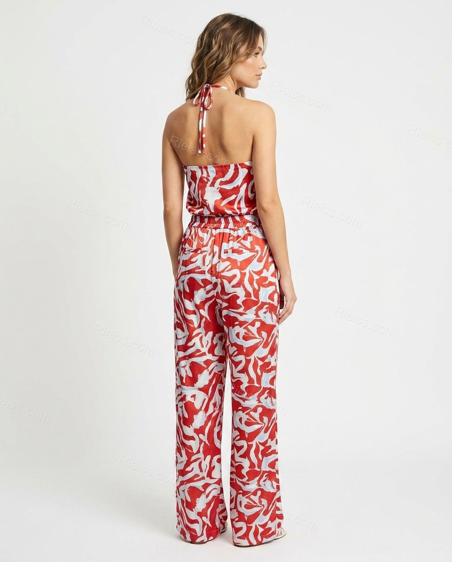 Red Floral Halter Satin Top & Pants Set, back studio view, by Rieiss