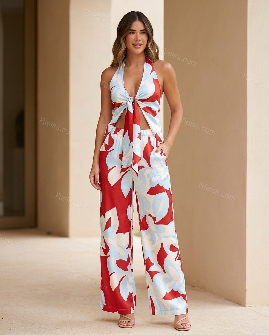 Red Floral Halter Satin Top & Pants Set, full-length hero view, by Rieiss