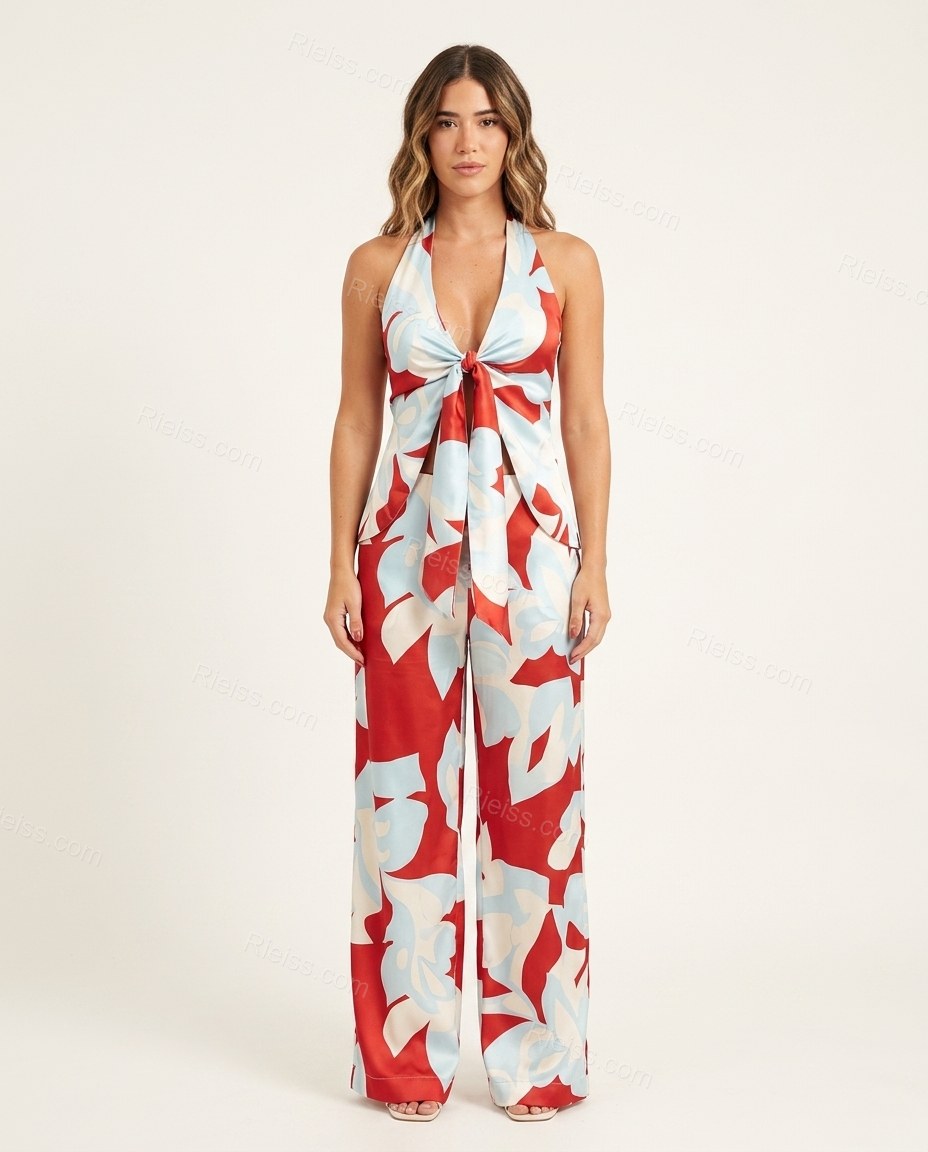 Red Floral Halter Satin Top & Pants Set, front studio view, by Rieiss