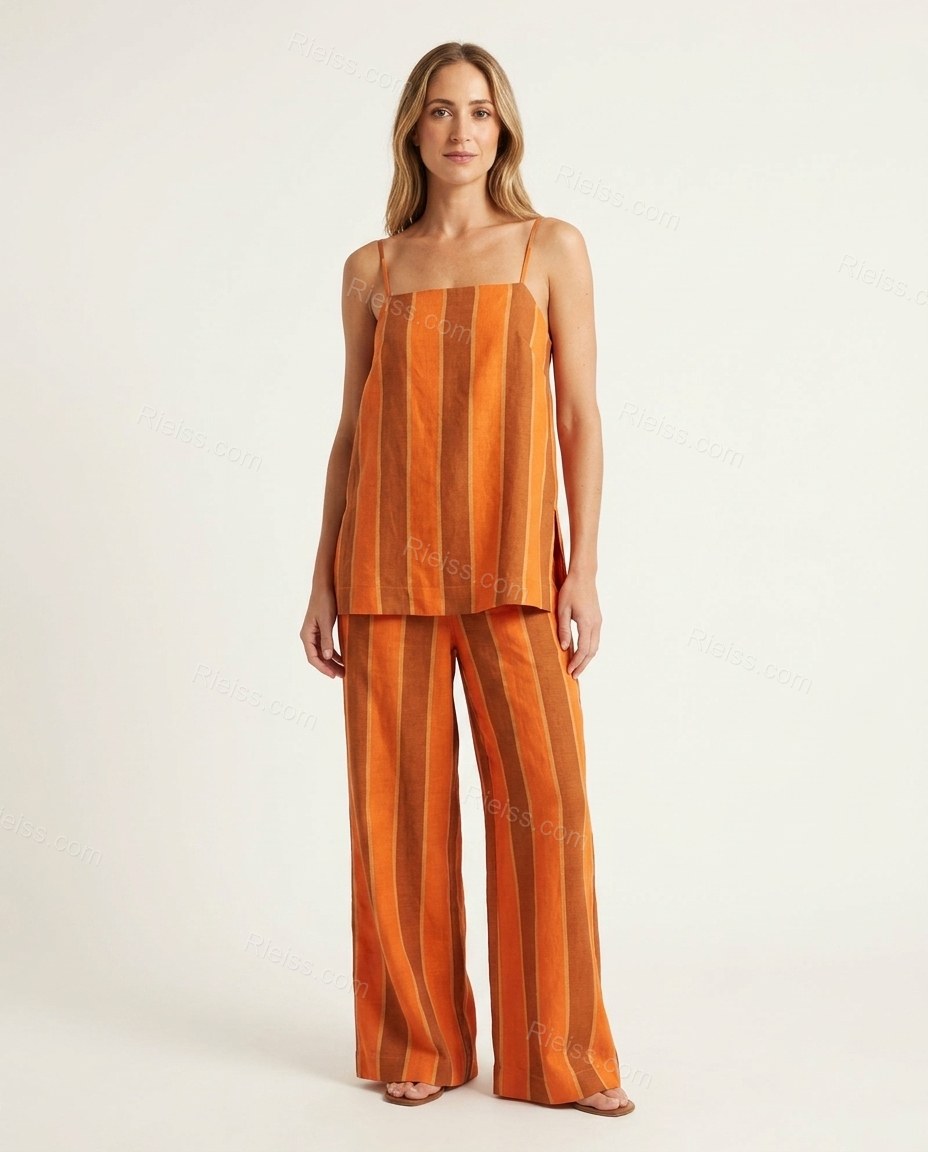 Orange Striped Top & Pants Set, front studio view, by Rieiss