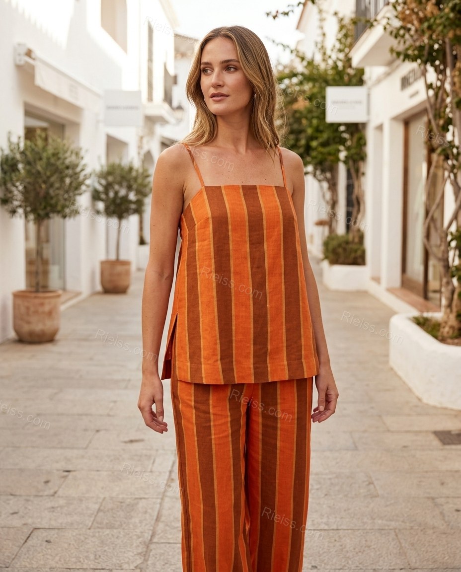 Orange Striped Top & Pants Set, three-quarter brand lifestyle view, by Rieiss