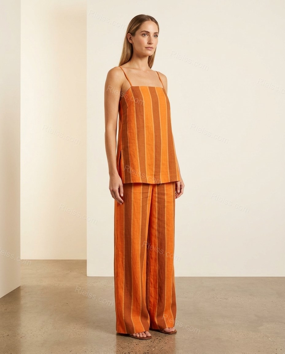Orange Striped Top & Pants Set, full-length hero view, by Rieiss