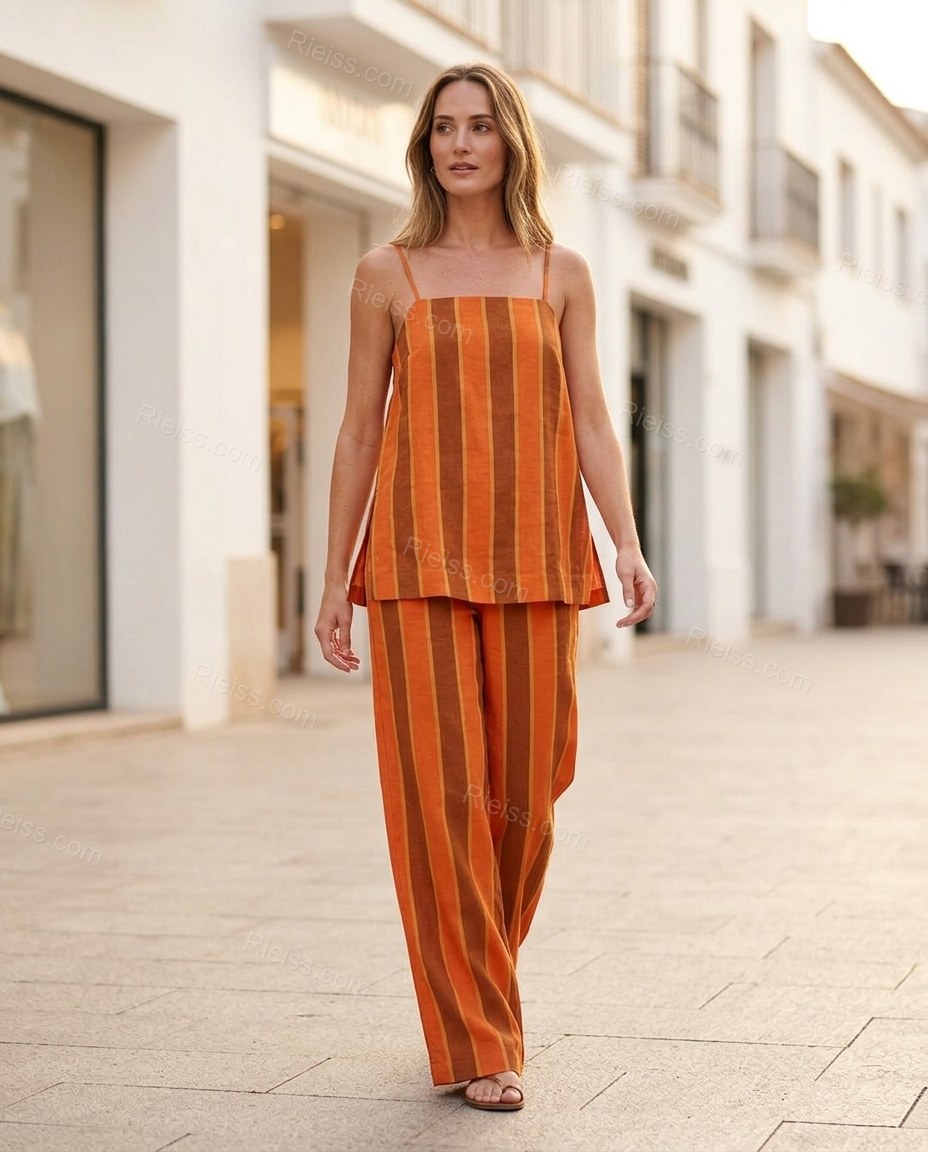 Orange Striped Top & Pants Set, movement and fit lifestyle view, by Rieiss