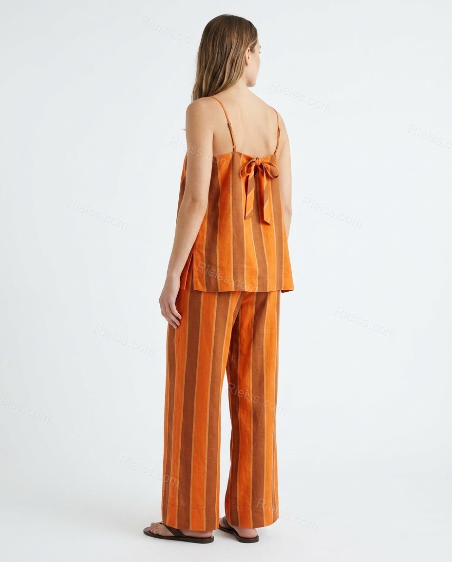 Orange Striped Top & Pants Set, back studio view showing tie-back closure at the upper back of the camisole, by Rieiss