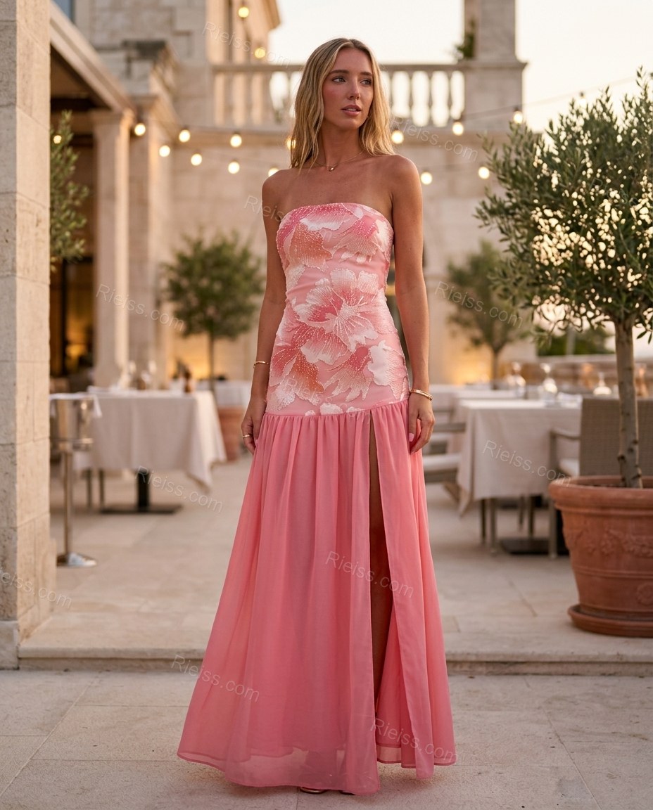 Pink Floral Maxi Strapless Dress, three-quarter brand lifestyle view, by Rieiss