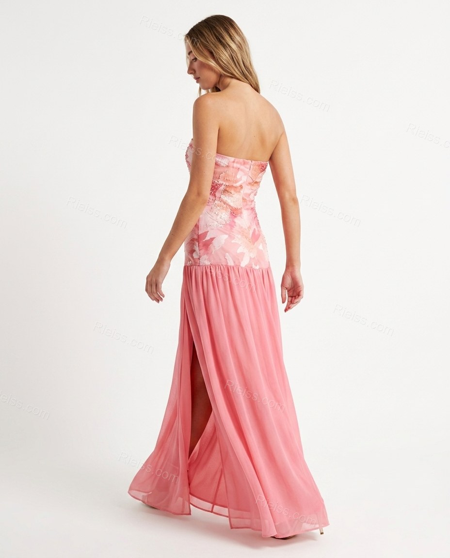 Pink Floral Maxi Strapless Dress, back studio view, by Rieiss