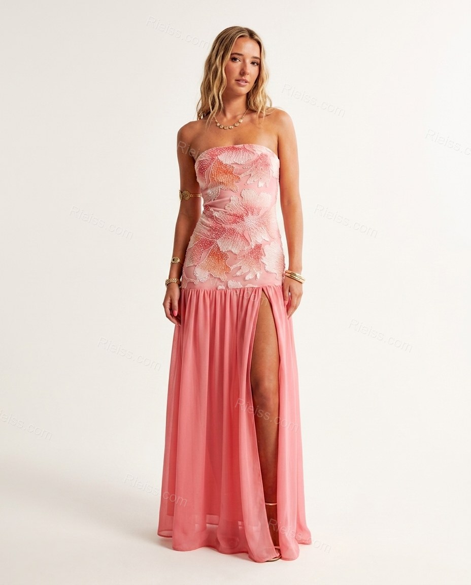 Pink Floral Maxi Strapless Dress, front studio view, by Rieiss